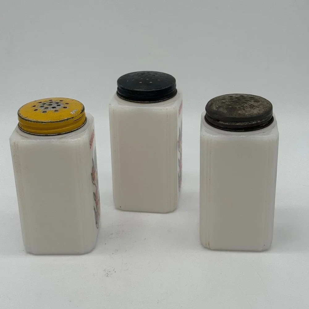 Vintage McKee Tipp City Milk Glass Sugar Salt Pepper Range Shaker Set Flower 40s